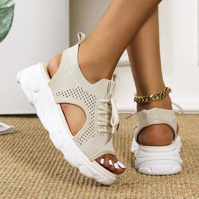 Women's black knit lace-up platform sandals with cushioned sole