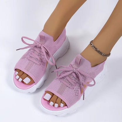 Women's black knit lace-up platform sandals with cushioned sole