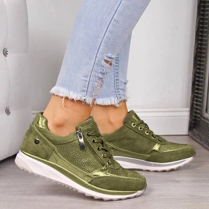 Women's olive green platform sneakers with side zip and shimmer mesh