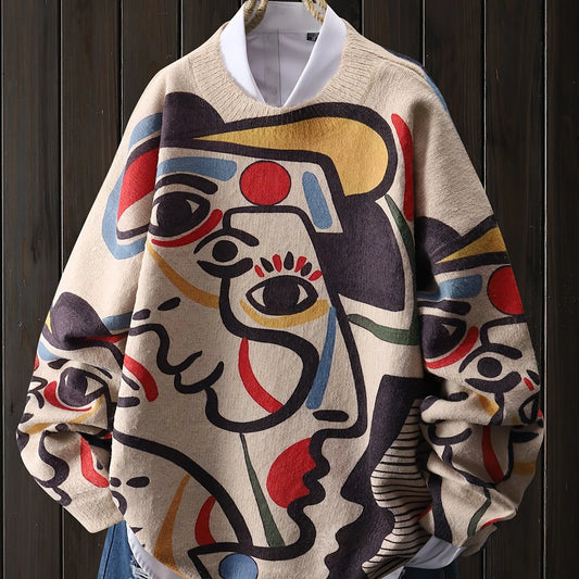 Women's Abstract Print Sweater, Colorblock Knit Top