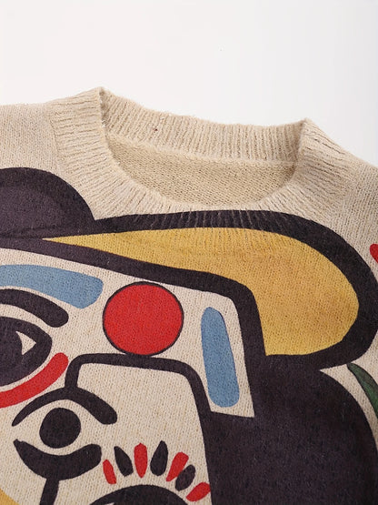 Women's Abstract Print Sweater, Colorblock Knit Top