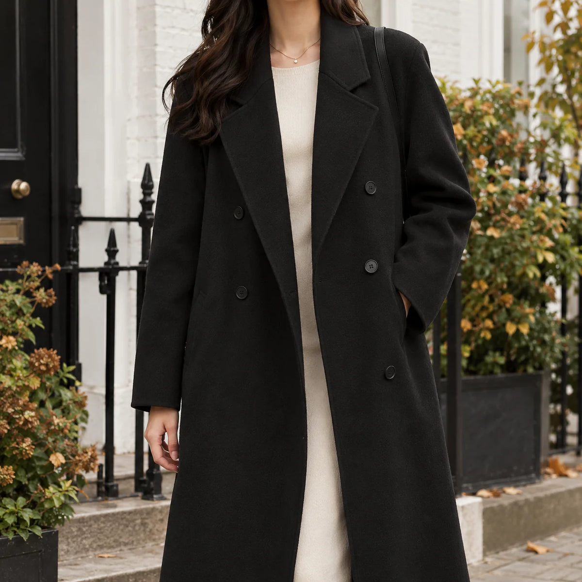 Women's black double-breasted longline coat with wide lapels