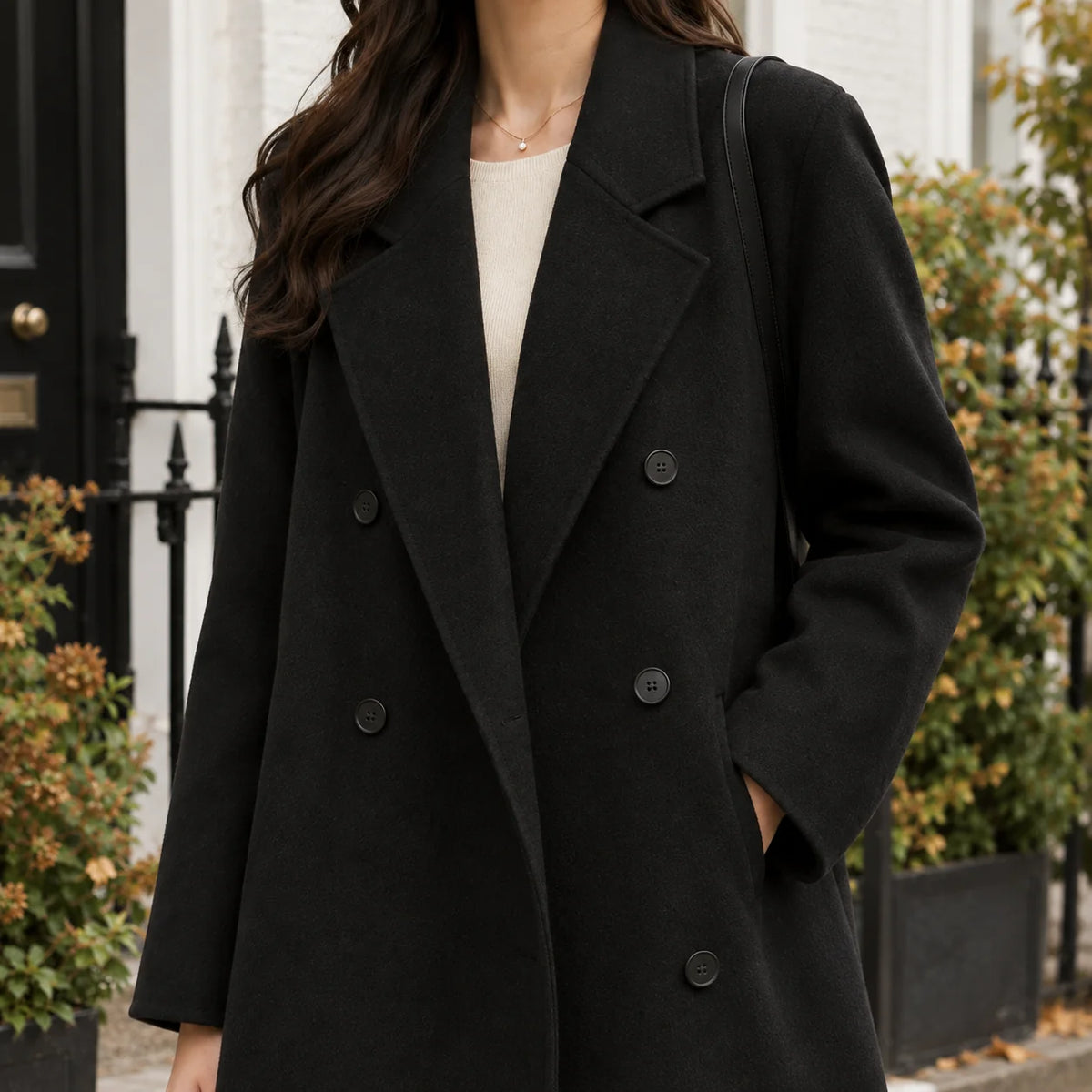 Women's camel double-breasted longline coat with wide lapels