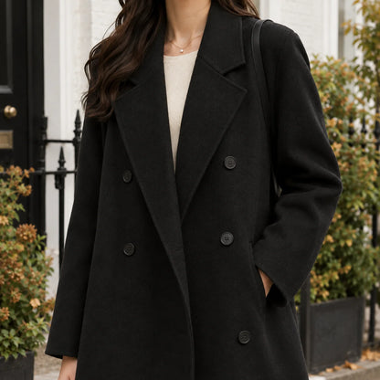 Women's camel double-breasted longline coat with wide lapels