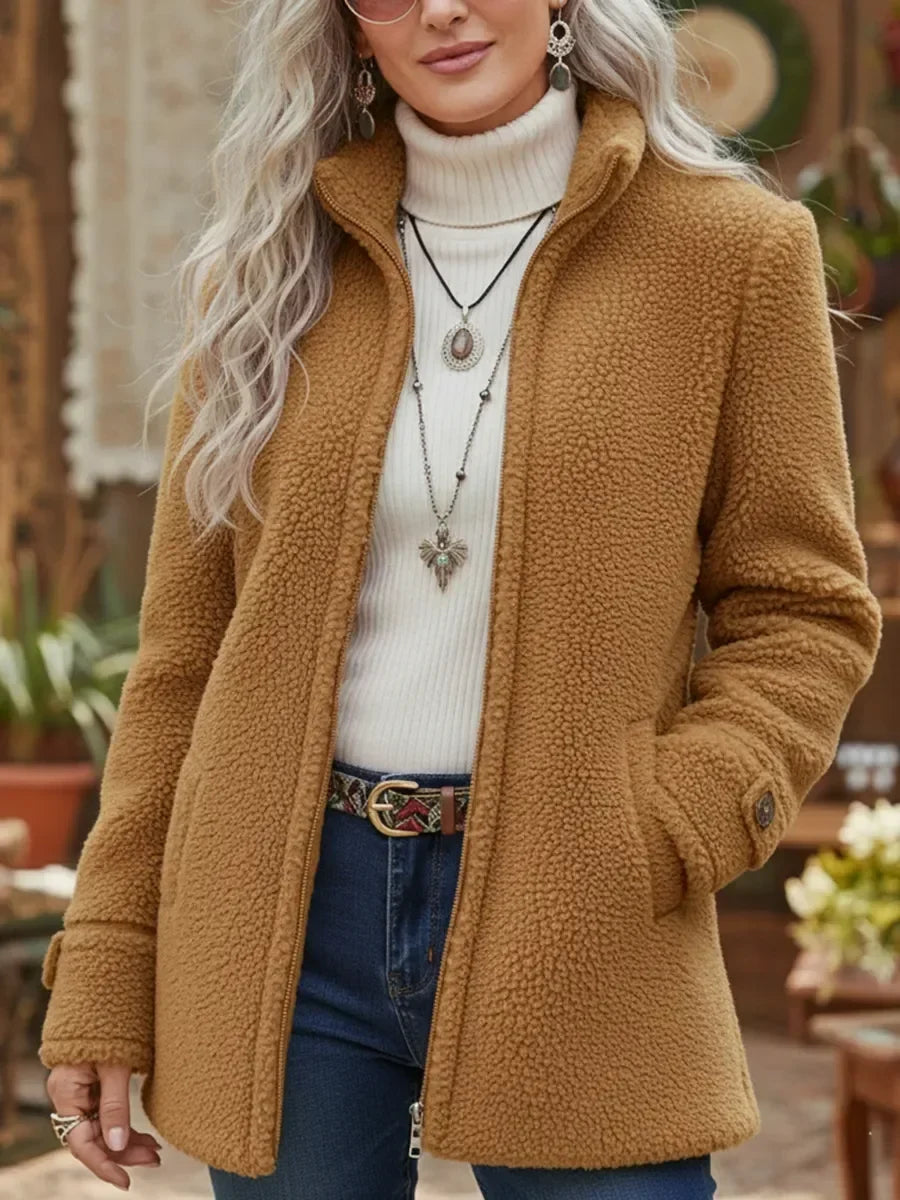 Women's camel full-zip teddy jacket with stand collar