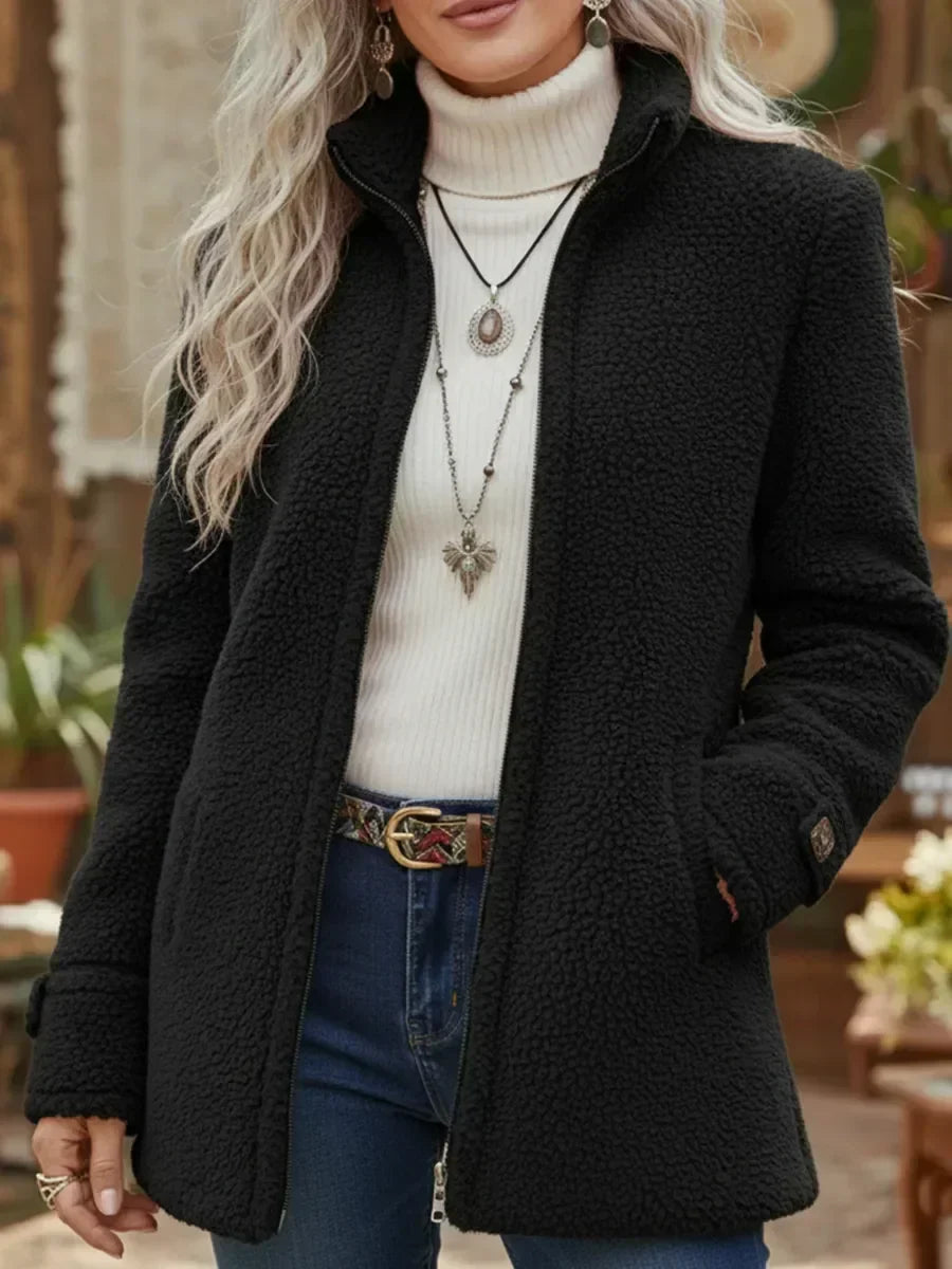 Women's black full-zip teddy jacket with stand collar