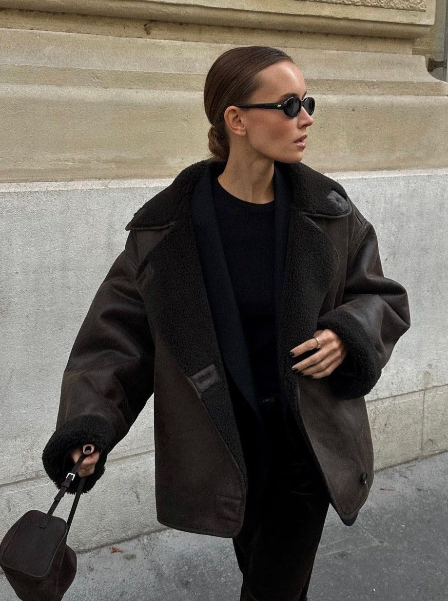 Espresso Vintage Faux Leather Jacket with Lambskin Lining