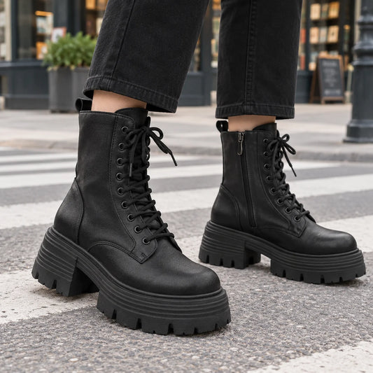 Women's black lace-up platform boots with side zip