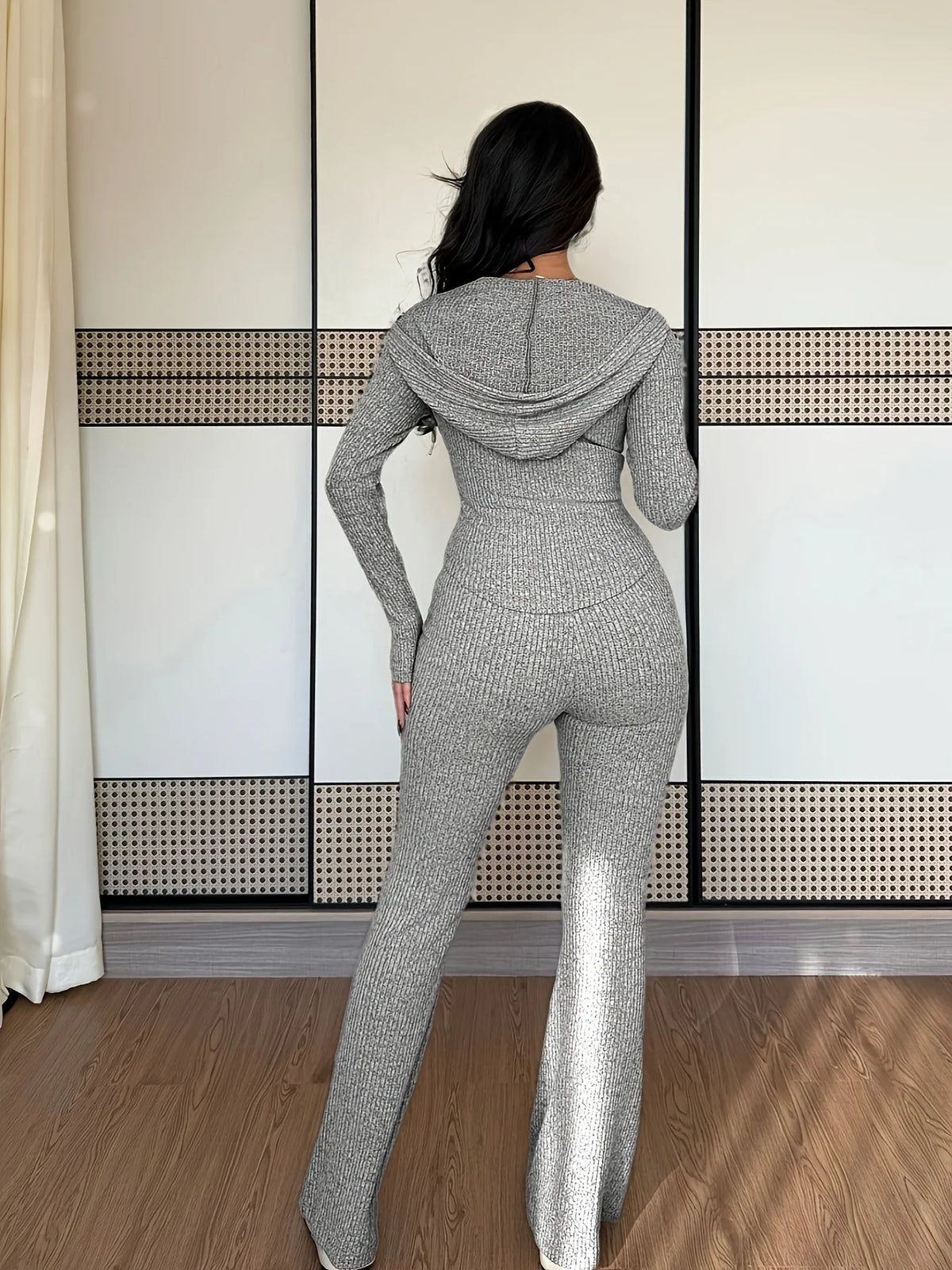 Women's Ribbed Lounge Set, Zip-Up Hoodie Two-Piece