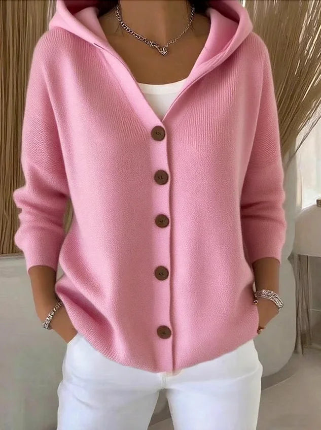 Pink Hooded Button-Front Knit Cardigan