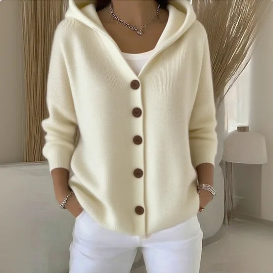 Beige Hooded Button-Front Knit Cardigan