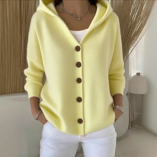 Yellow Hooded Button-Front Knit Cardigan