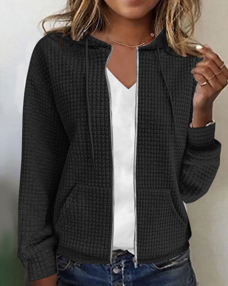 Women's textured zip-up hoodie in black