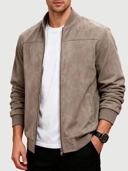Taupe Men's Suede Bomber Jacket with Stand Collar and Ribbed Trim