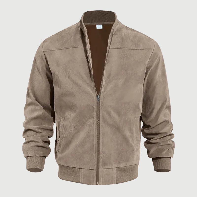 Men's Suede Bomber Jacket with Stand Collar and Ribbed Trim