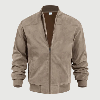 Men's Suede Bomber Jacket with Stand Collar and Ribbed Trim