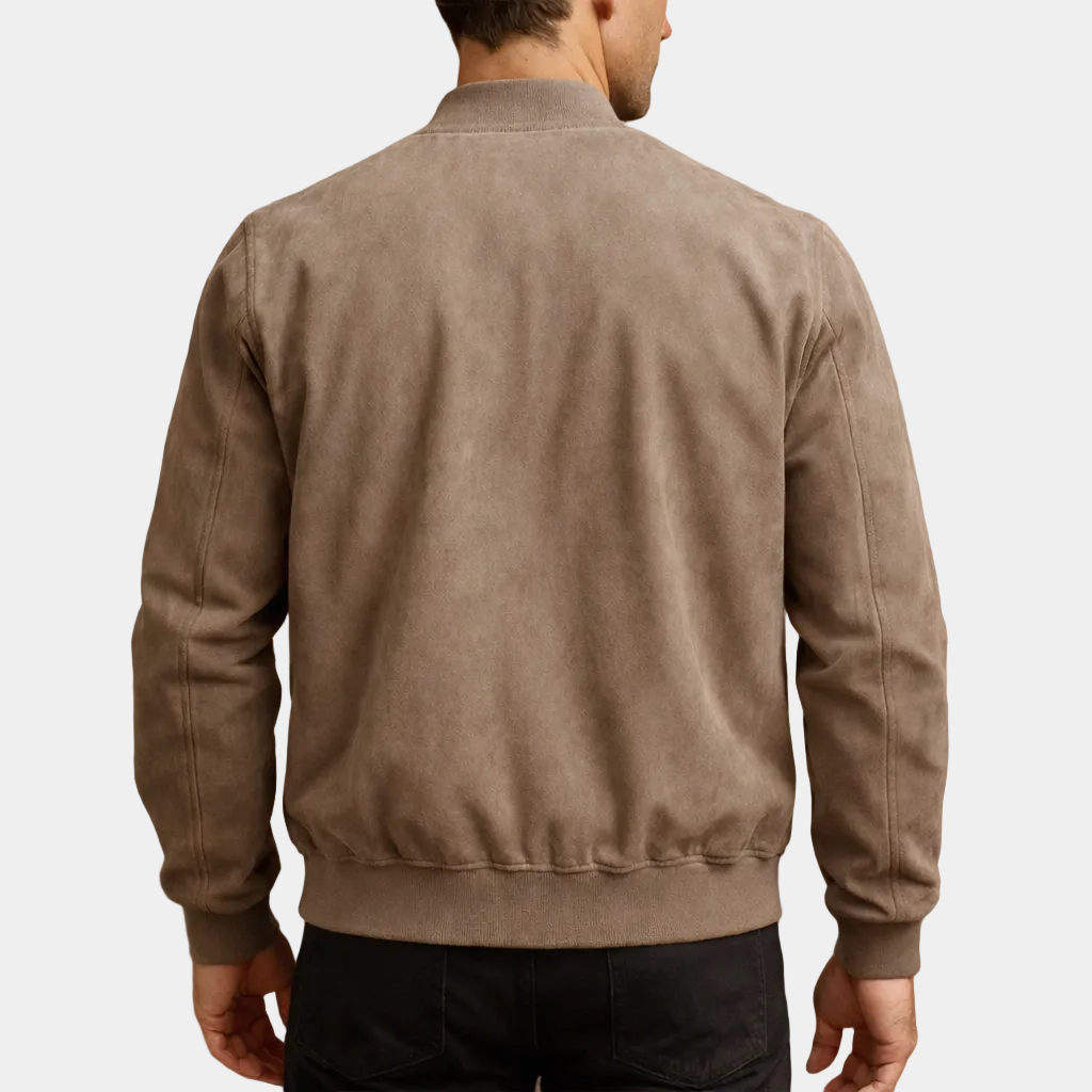 Men's Suede Bomber Jacket with Stand Collar and Ribbed Trim – view 2