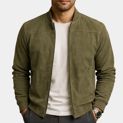Green Men's Suede Bomber Jacket with Stand Collar and Ribbed Trim