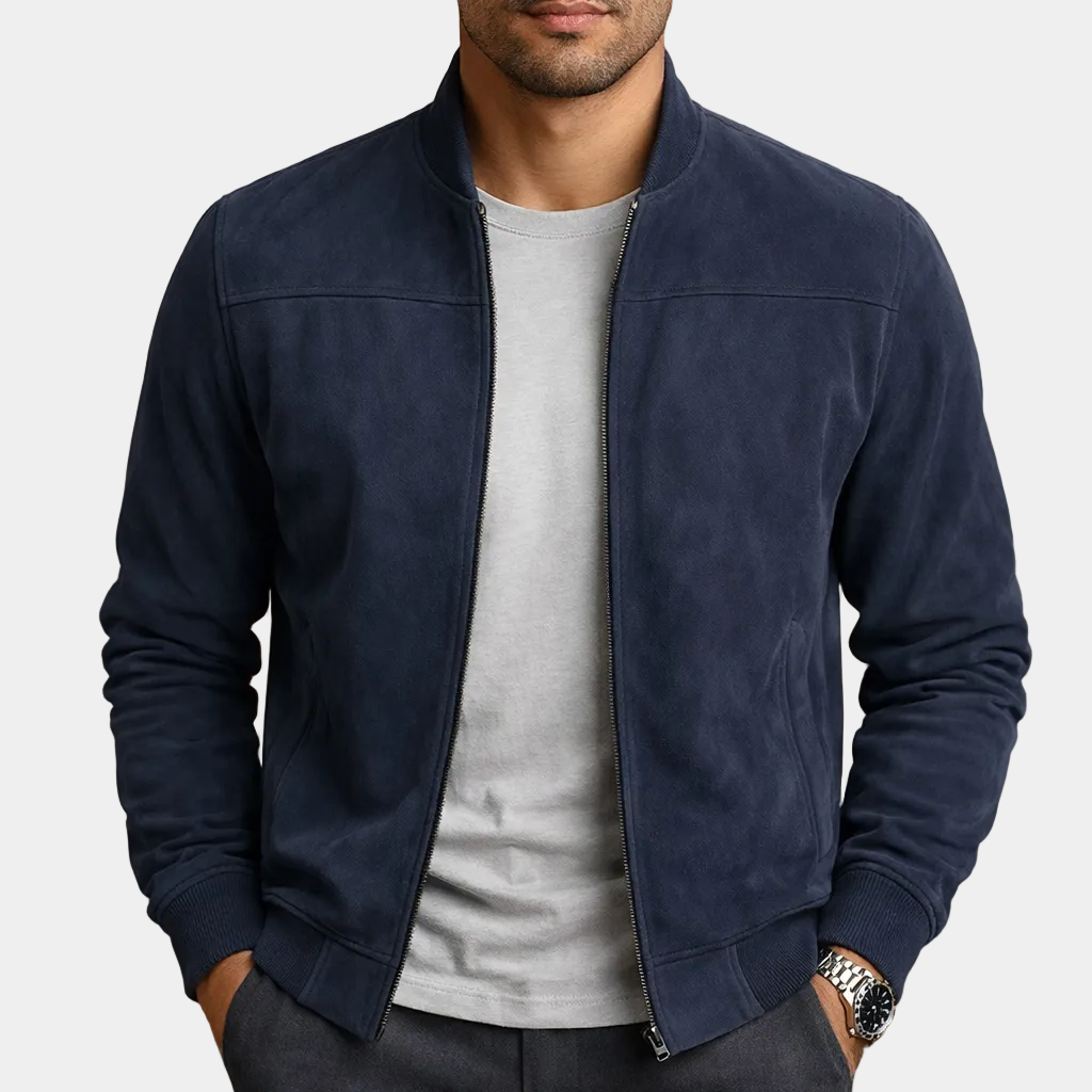 Dark Blue Men's Suede Bomber Jacket with Stand Collar and Ribbed Trim
