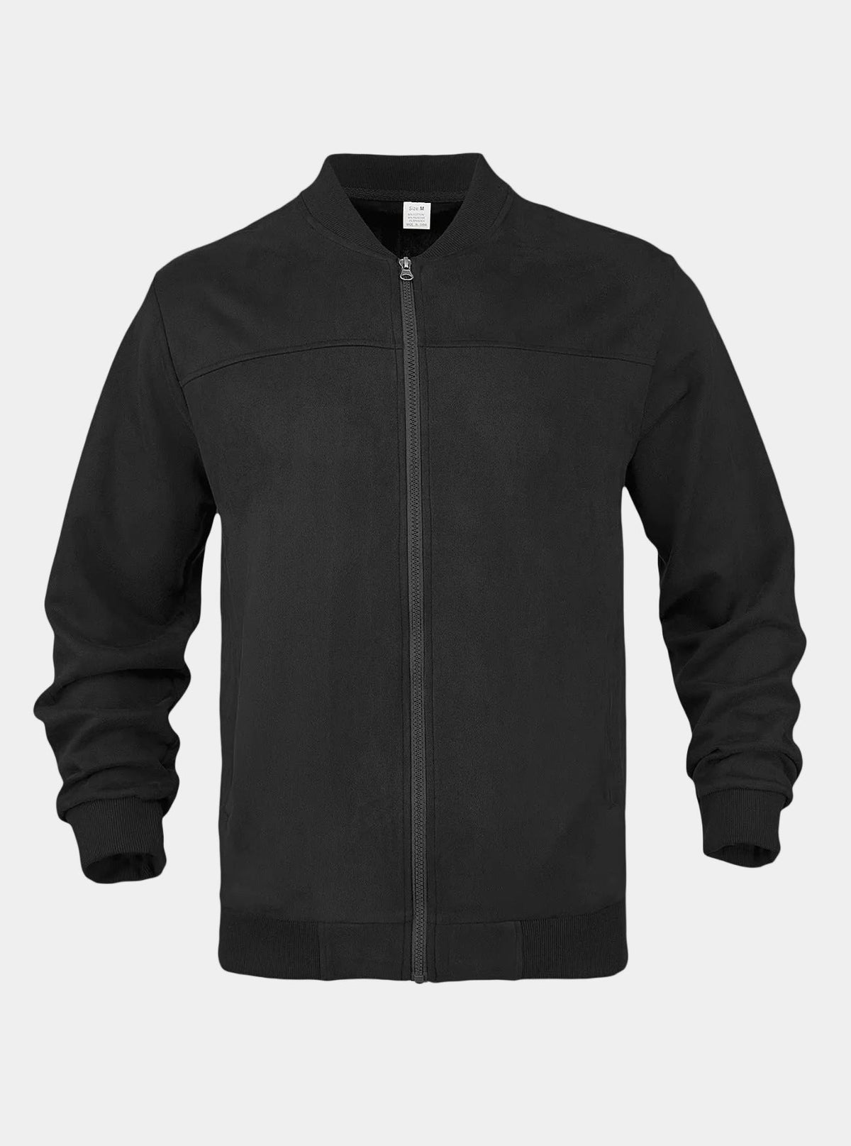 Black Men's Suede Bomber Jacket with Stand Collar and Ribbed Trim