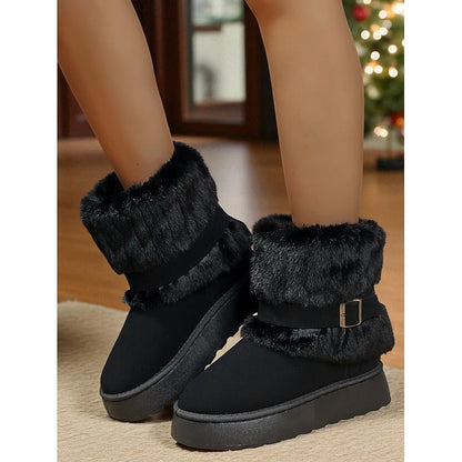 Black Cozy Fur-Trimmed Snow Boots with Grippy Sole