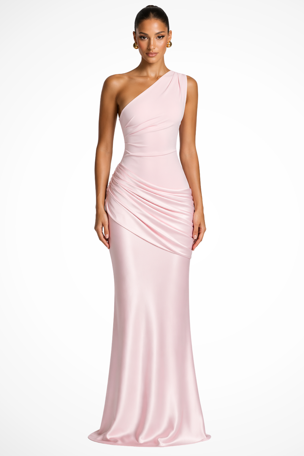 Women's brown one shoulder ruched satin maxi wedding guest dress