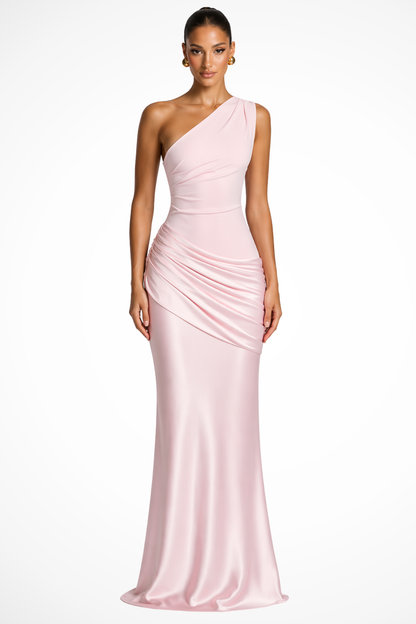 Women's brown one shoulder ruched satin maxi wedding guest dress