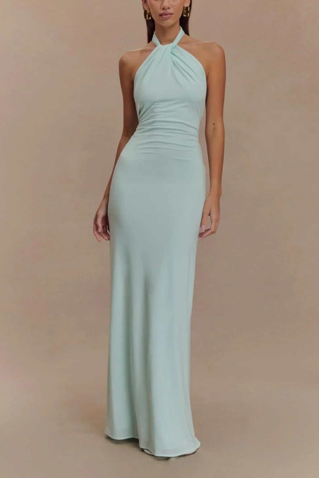 Women's mint green halter open back bodycon wedding guest maxi dress