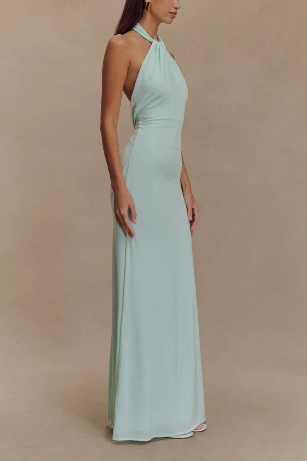 Women's mint green halter open back bodycon wedding guest maxi dress