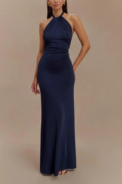 Women's navy blue halter open back bodycon wedding guest maxi dress