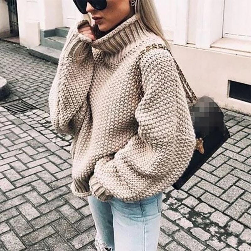 Women's khaki oversized chunky knit turtleneck sweater