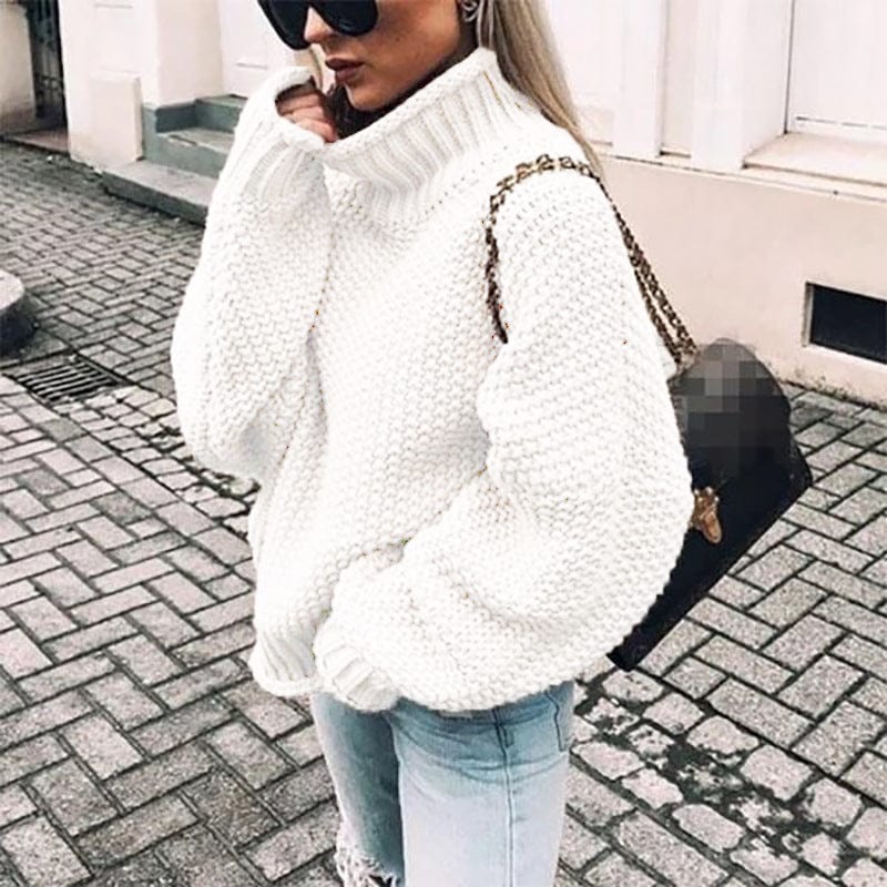 Women's white oversized chunky knit turtleneck sweater