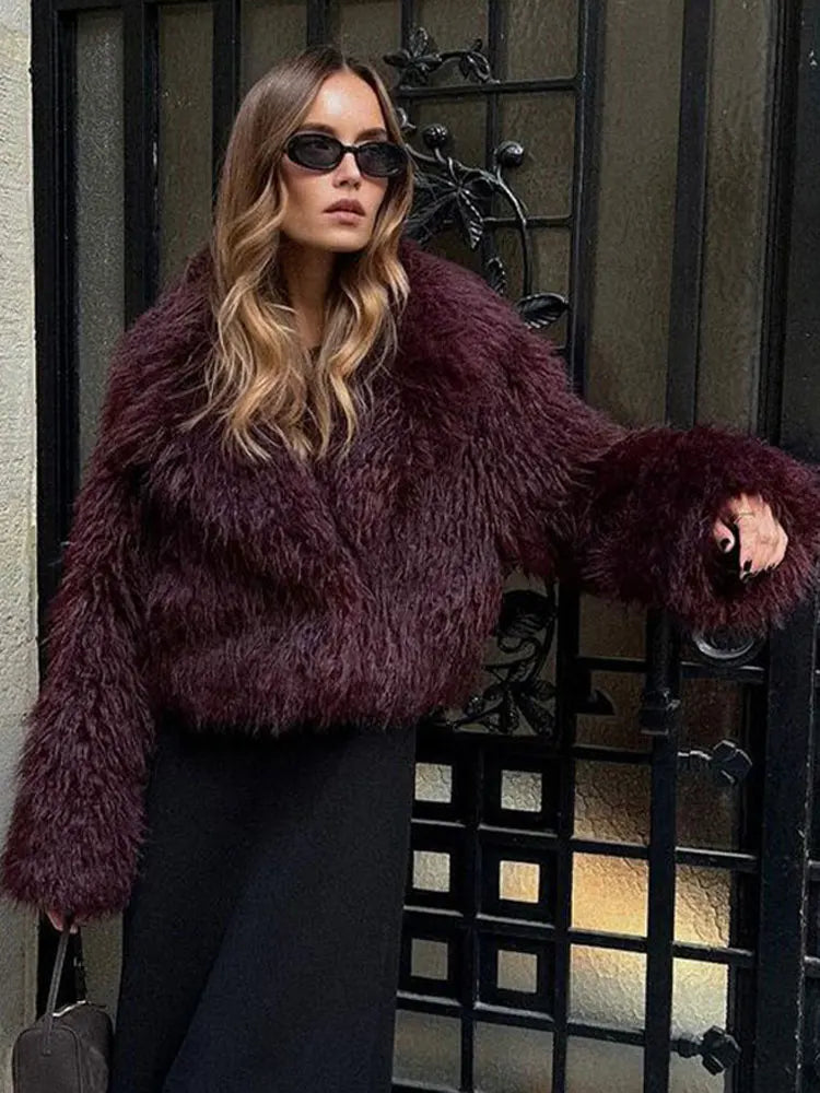Bordeaux Oversized Cropped Faux Fur Coat with Open Front
