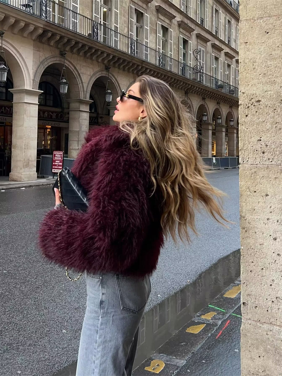 Oversized Cropped Faux Fur Coat with Open Front – view 2