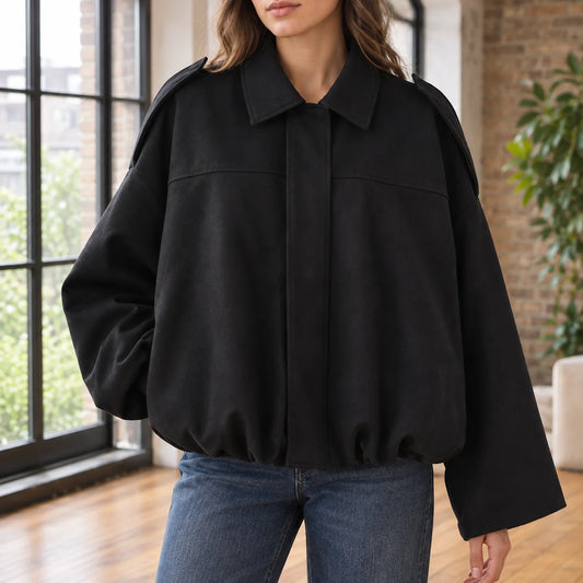 Women's black suede pilot jacket with bubble hem
