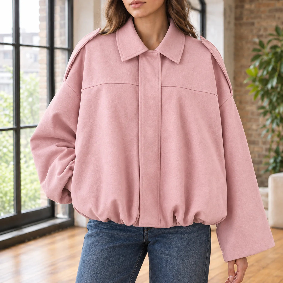 Women's taupe suede pilot jacket with spread collar