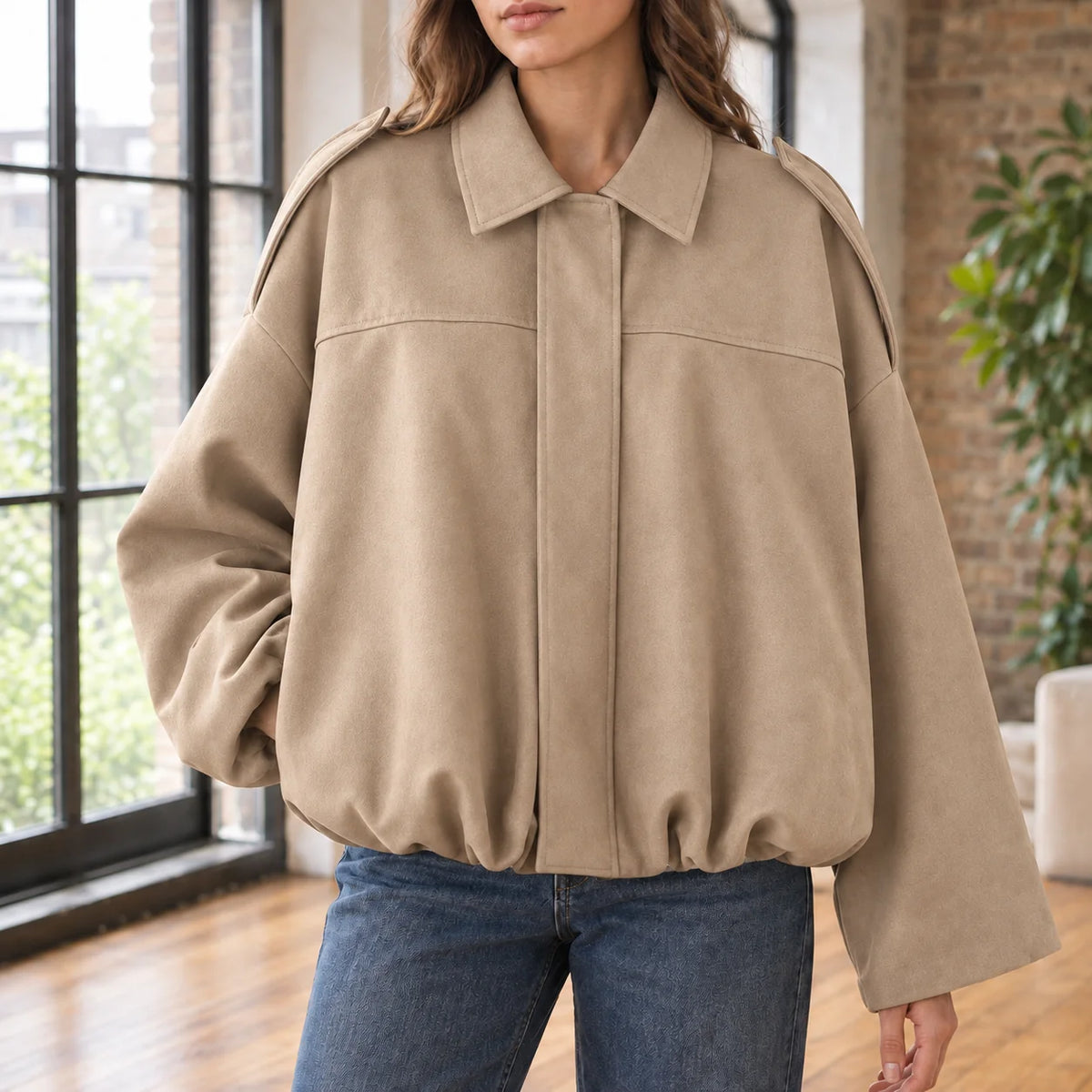 Women's cream white suede jacket, cropped silhouette