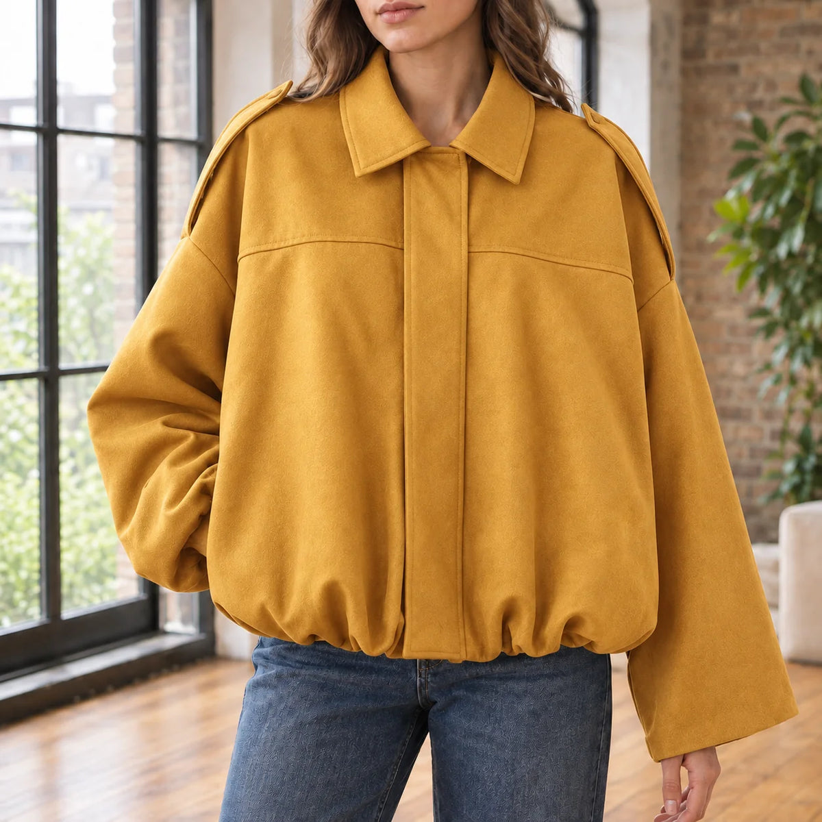 Women's black suede pilot jacket, front view detail