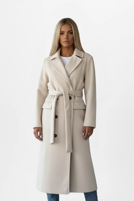 Women's cream double-breasted belted long coat