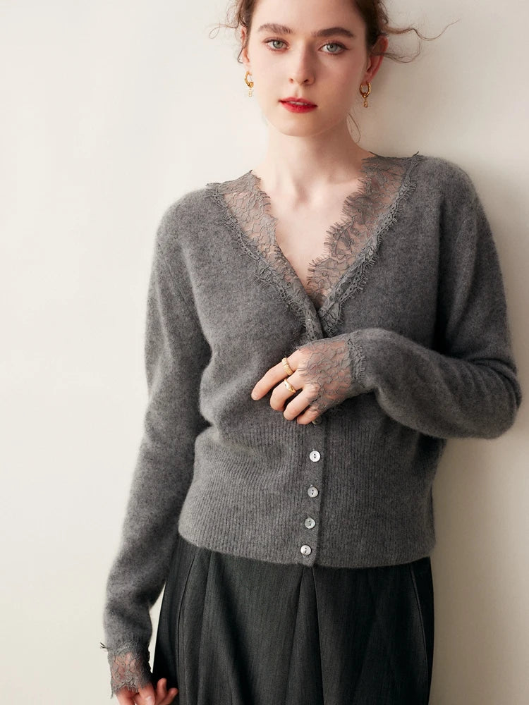 Women's gray cashmere cardigan with lace details