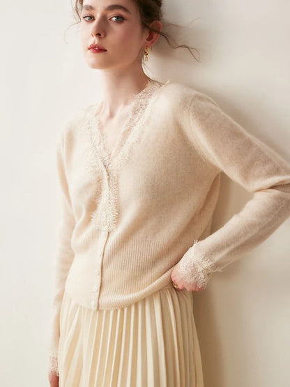 Women's beige cashmere cardigan with lace details