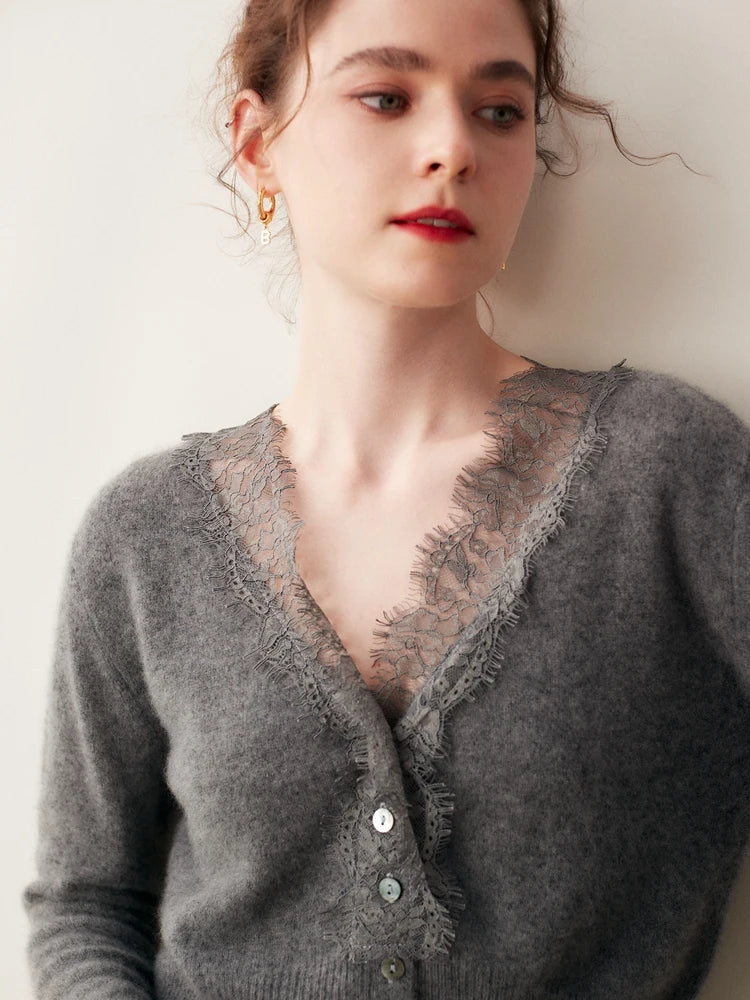 Women's cashmere cardigan with lace details