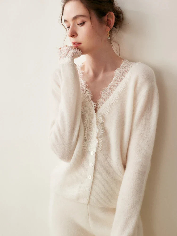 Women's white cashmere cardigan with lace details