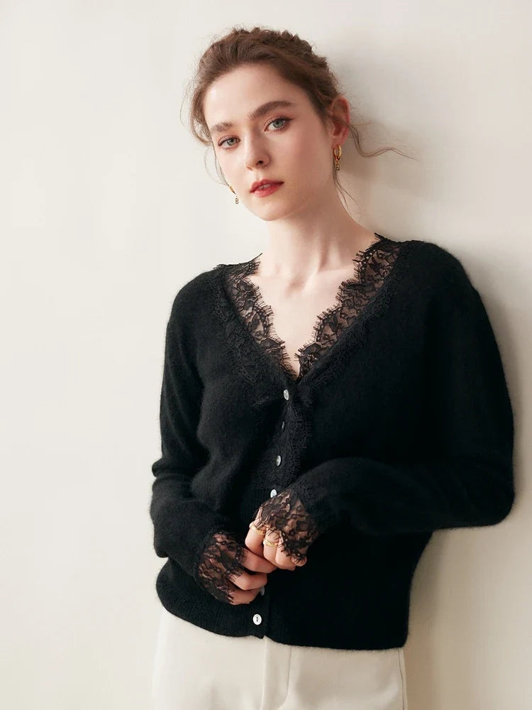 Women's black cashmere cardigan with lace details