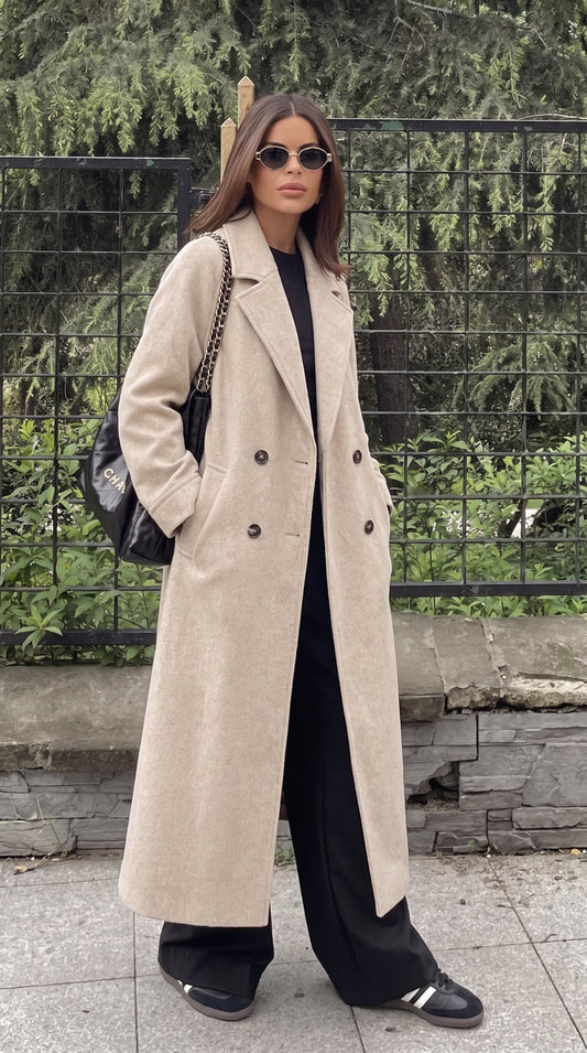 Beige Oversized Slouch-Shoulder Winter Coat with Side Pockets