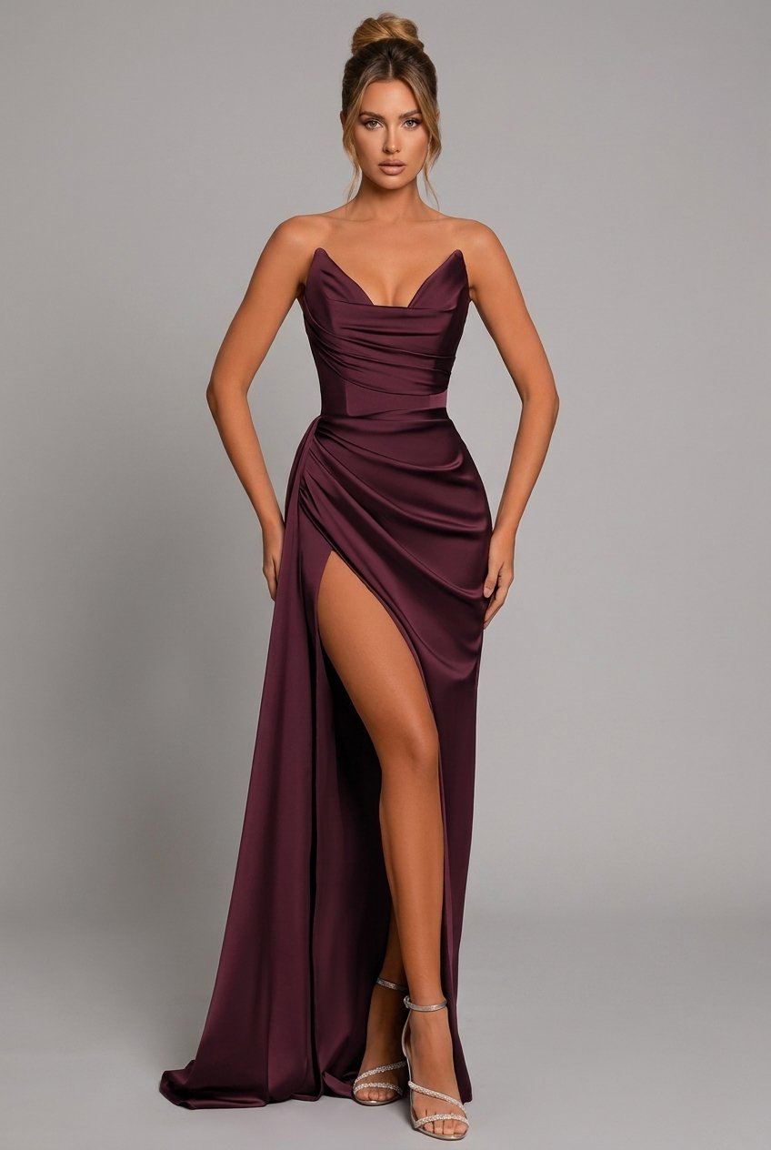 Women's crimson red satin maxi dress with sweetheart neckline and side slit