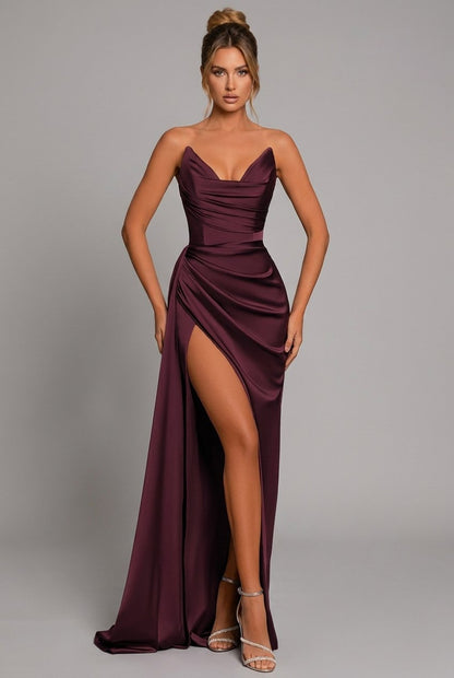 Women's crimson red satin maxi dress with sweetheart neckline and side slit