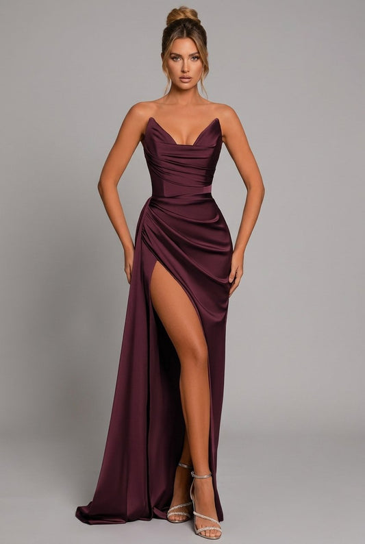 Women's crimson red satin maxi dress with sweetheart neckline and side slit