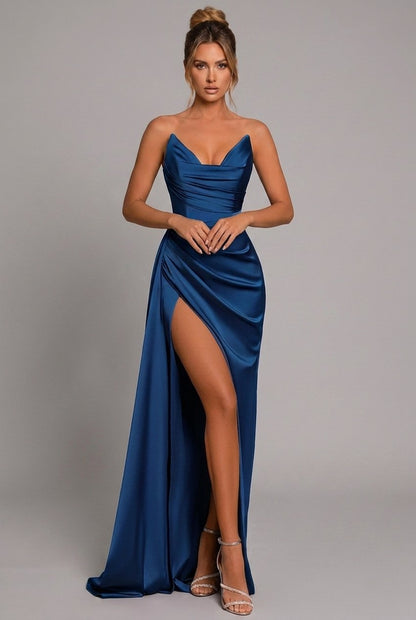 Women's crimson red satin maxi dress with sweetheart neckline and side slit