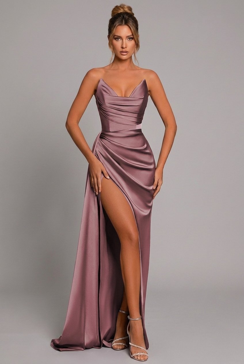 Women's black satin maxi dress with sweetheart neckline and side slit